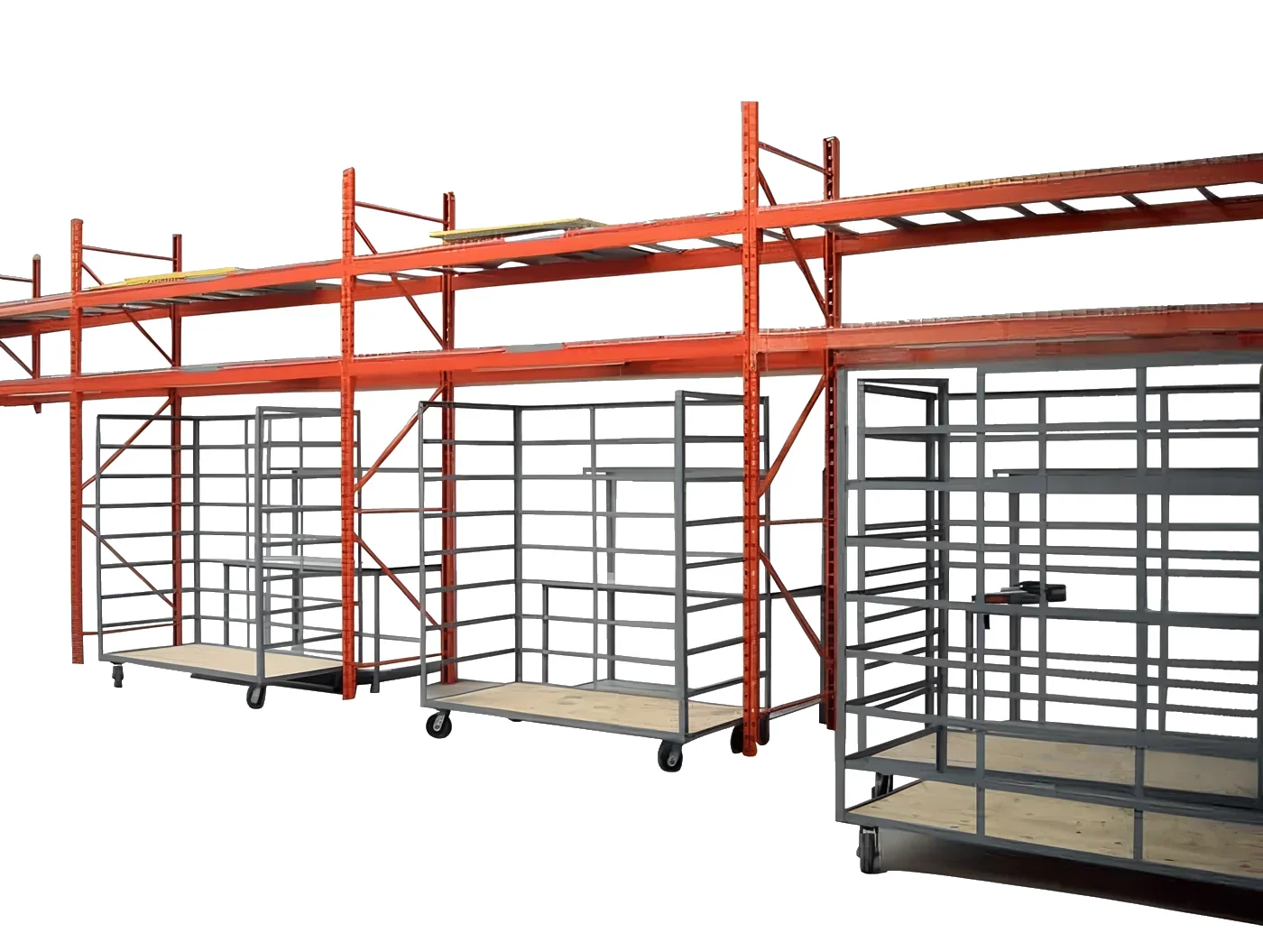 Rangeview pallet racking installation with garment carts staged beneath